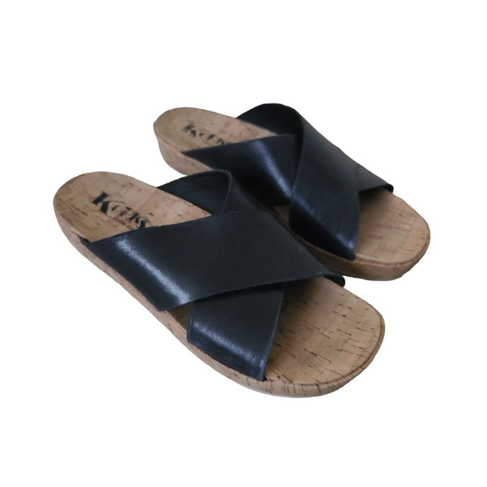 KORK-EASE Women's Black Leather Open Toe Platform Slide Sandals Sz 6.5 Casual - Picture 2 of 7